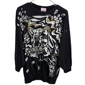 Vintage 80s Jane Colby Leopard Graphic Crewneck Sweater Art to Wear Artsy L
